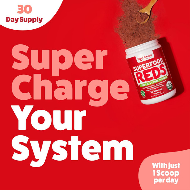The Feel Great Vitamin Company ​Feel Great Organic Superfood Reds Powder Packed with Beet Root Powder  Digestive Support Including Bloating Relief Fruit and Veggie Polyphenols Supplement.