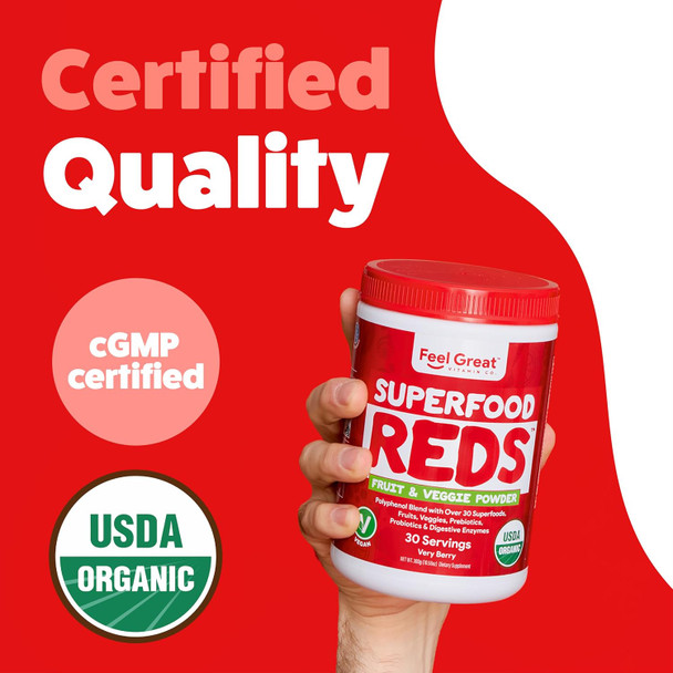 The Feel Great Vitamin Company ​Feel Great Organic Superfood Reds Powder Packed with Beet Root Powder  Digestive Support Including Bloating Relief Fruit and Veggie Polyphenols Supplement.