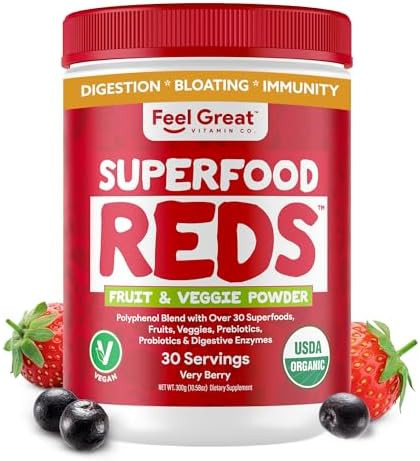 The Feel Great Vitamin Company ​Feel Great Organic Superfood Reds Powder Packed with Beet Root Powder  Digestive Support Including Bloating Relief Fruit and Veggie Polyphenols Supplement.
