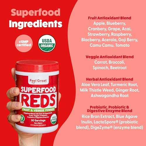 The Feel Great Vitamin Company ​Feel Great Organic Superfood Reds Powder Packed with Beet Root Powder  Digestive Support Including Bloating Relief Fruit and Veggie Polyphenols Supplement.