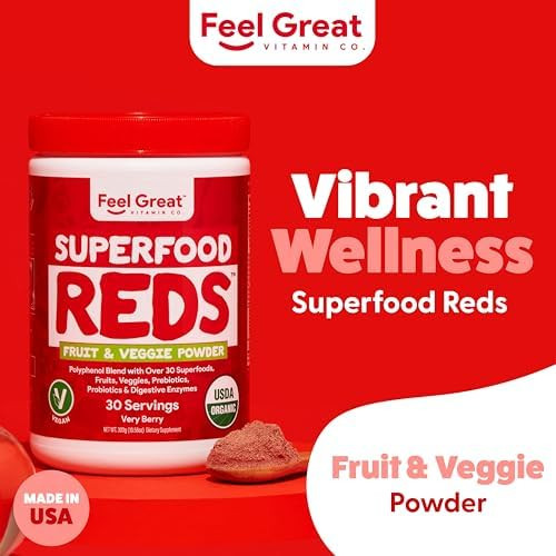 The Feel Great Vitamin Company ​Feel Great Organic Superfood Reds Powder Packed with Beet Root Powder  Digestive Support Including Bloating Relief Fruit and Veggie Polyphenols Supplement.