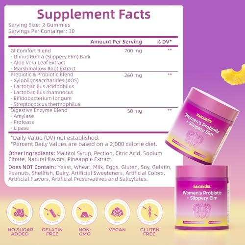 BAKAKOUL Feminine Probiotics Gummies for Women Vaginal Probiotics with Slippery Elm Prebiotics and Probiotics Supports pH Balance,Immune Health Vegan Non-GMO Pineapple Flavor