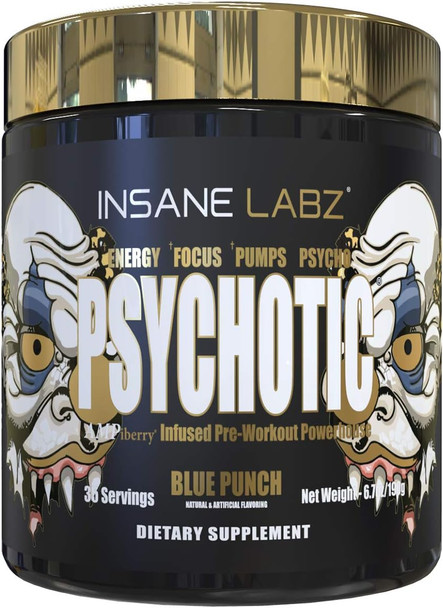 Insane Labz Psychotic Gold, High Stimulant Pre Workout Powder, Extreme Lasting Energy Focus, Pumps and Endurance with Beta Alanine, DMAE Bitartrate, NO Booster - 35 Servings