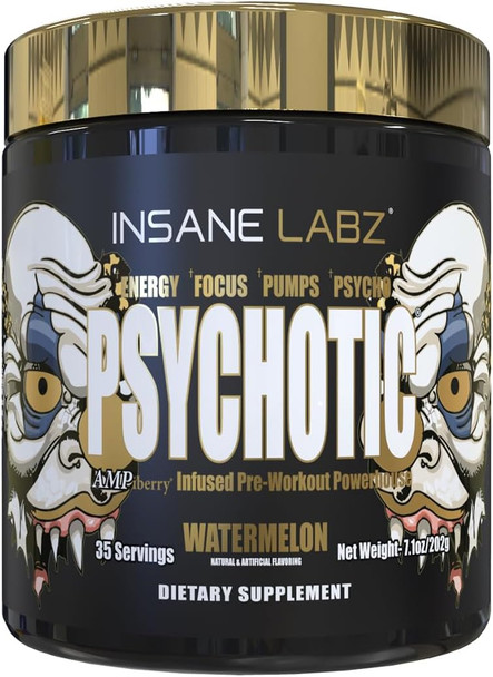 Insane Labz Psychotic Gold, High Stimulant Pre Workout Powder, Extreme Lasting Energy Focus, Pumps and Endurance with Beta Alanine, DMAE Bitartrate, NO Booster - 35 Servings