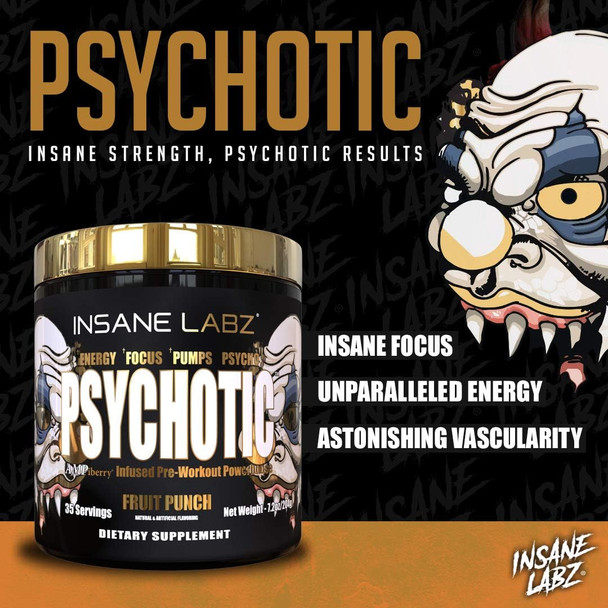 Insane Labz Psychotic Gold, High Stimulant Pre Workout Powder, Extreme Lasting Energy Focus, Pumps and Endurance with Beta Alanine, DMAE Bitartrate, NO Booster - 35 Servings