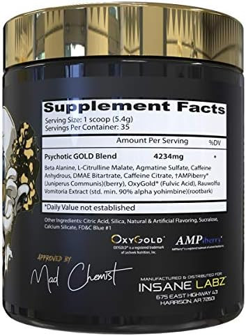 Insane Labz Psychotic Gold, High Stimulant Pre Workout Powder, Extreme Lasting Energy Focus, Pumps and Endurance with Beta Alanine, DMAE Bitartrate, NO Booster - 35 Servings
