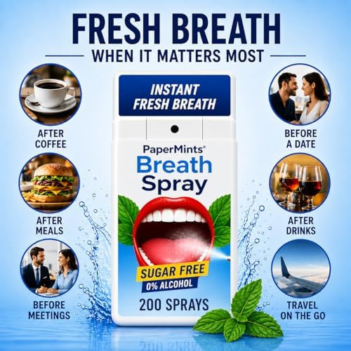 Papermints Breath Spray - Instant Fresh Breath . Dry Mouth Spray Fresh Breath. Long-Lasting Freshness, Easy-To-Carry. Mint Halitosis Breath Freshener for Extreme Bad Breath for Adults