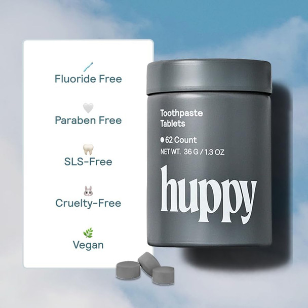 Huppy Toothpaste Tablets Nano Hydroxyapatite Fluoride Free and  Plastic Free Whitening Remineralizing SLS Free Travel Friendly Chewable Tabs Charcoal Mint Flavor