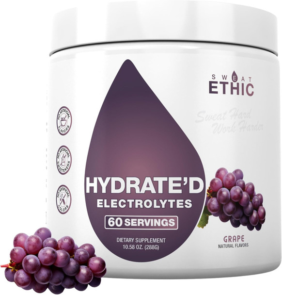 Sweat Ethic Hydrate’D Electrolytes, Electrolyte Powder with Potassium Magnesium & Vitamin C, Easy Mix Powder for Hydration & Performance Support, Natural Ingredients, 60 Servings - 12 Ounce