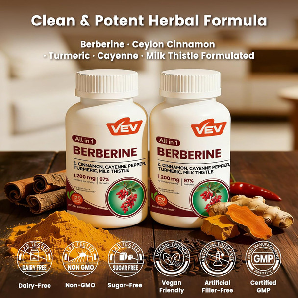 VEV Berberine Supplement with Ceylon Cinnamon for Daily Wellness Support– 2 Bottles