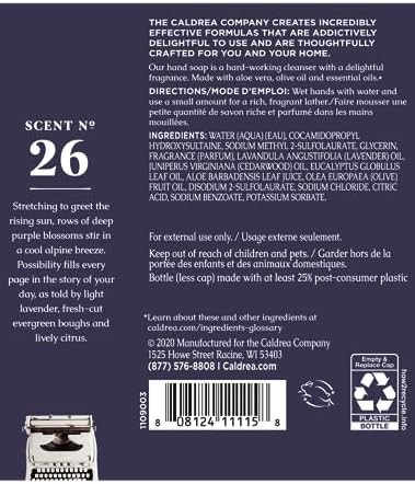 Caldrea Hand Soap Refill, Aloe Vera Gel, Olive Oil And Essential Oils To Cleanse And Condition, Lavender Cedar Leaf, 32 Oz