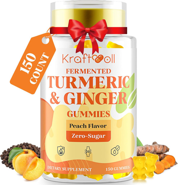 Kraftvoll 5 Month Supply Turmeric and Ginger Gummies with Black Pepper, Fermented Turmeric for Joint Comfort & Mobility, Sugar-Free with Vitamin D3 + K2, Natural Peach Flavor
