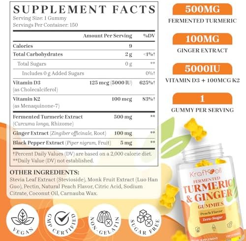 Kraftvoll 5 Month Supply Turmeric and Ginger Gummies with Black Pepper, Fermented Turmeric for Joint Comfort & Mobility, Sugar-Free with Vitamin D3 + K2, Natural Peach Flavor