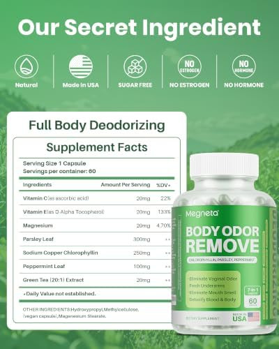 MEGNETA Chlorophyll Capsules Body Odor Supplement for Women and Men 60 Count
