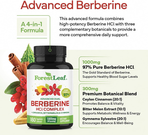 ForestLeaf Berberine Supplement - 1300mg per Serving - Ultra High Potency Berberine HCl with Ceylon Cinnamon, Bitter Melon & Gymnema - GLP-1 Weight Management Support - 180 Caps