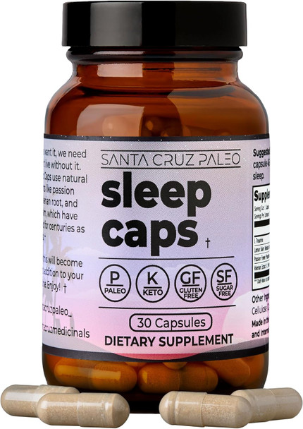 Santa Cruz Paleo Sleep Caps with L-Theanine Lemon Balm Passion Flower asnd Valerian Root Melatonin Free Nighttime Relaxation Paleo and Keto Friendly Sugar and Gluten Free