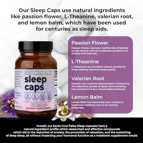 Santa Cruz Paleo Sleep Caps with L-Theanine Lemon Balm Passion Flower asnd Valerian Root Melatonin Free Nighttime Relaxation Paleo and Keto Friendly Sugar and Gluten Free