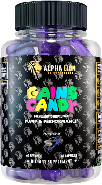 ALPHA LION Gains Candy, Supplement Pills for Muscle Pump & Blood Flow, Nitric Oxide Booster, Supports Mental Focus, Use Daily to Upgrade Workout Performance, 60 Capsules