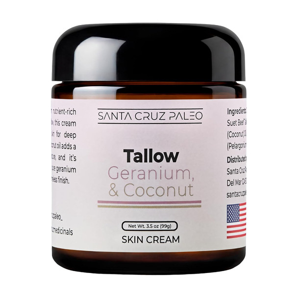 Santa Cruz Paleo Suet Beef Tallow Geranium Moisturizer, Organic, Grassfed Beef Tallow Skin Care, Non-Comedogenic Face and Body Moisturizer for Sensitive Skin