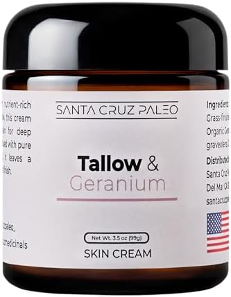 Santa Cruz Paleo Suet Beef Tallow Geranium Moisturizer, Organic, Grassfed Beef Tallow Skin Care, Non-Comedogenic Face and Body Moisturizer for Sensitive Skin