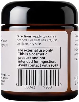 Santa Cruz Paleo Suet Beef Tallow Geranium Moisturizer, Organic, Grassfed Beef Tallow Skin Care, Non-Comedogenic Face and Body Moisturizer for Sensitive Skin