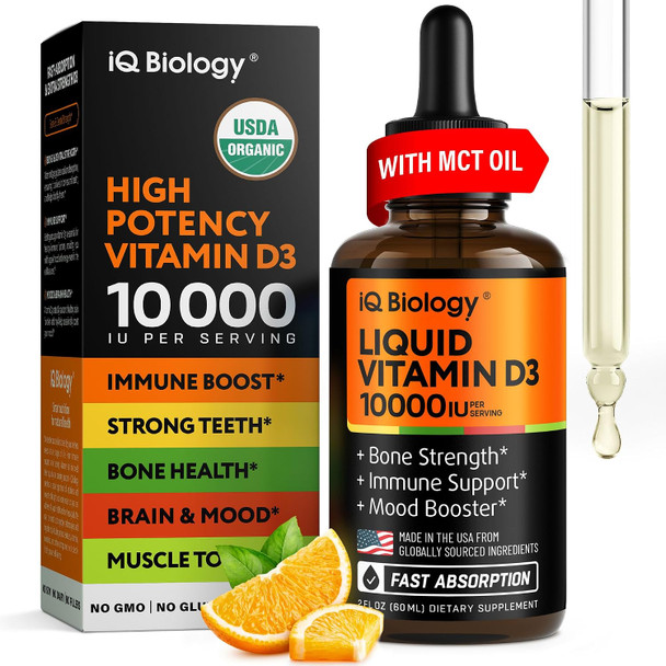 IQ BIOLOGY Liquid Vitamin D3 10000 IU  USDA Organic Vitamin D Drops for Adults and Kids