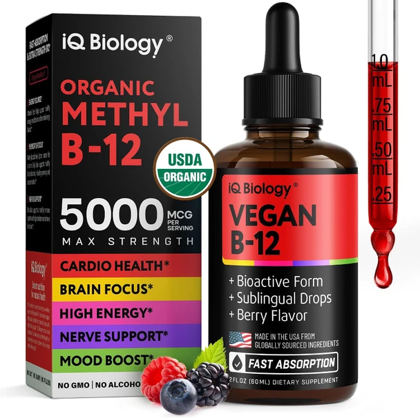 IQ BIOLOGY Organic Vitamin B12 Liquid Drops Sublingual Methylcobalamin 5000 mcg 2oz