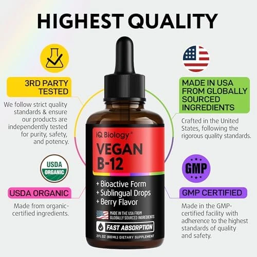 IQ BIOLOGY Organic Vitamin B12 Liquid Drops Sublingual Methylcobalamin 5000 mcg 2oz