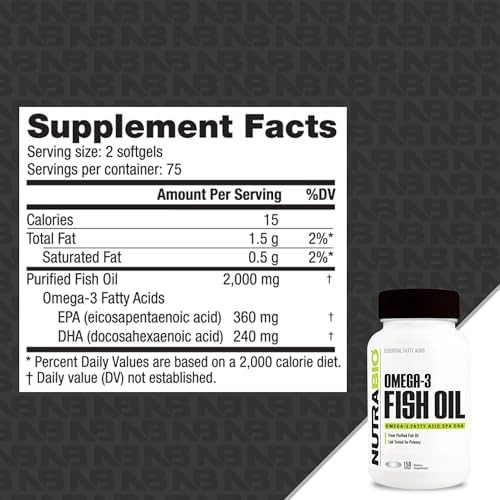 NutraBio Omega 3 Fish Oil Supplements, 2,000mg - EPA DHA Omega 3 Fatty Acid Supplement to Help Support a Healthy Heart