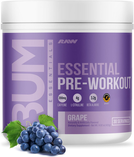 RAW Essential Pre-Workout Powder - Chris Bumstead Sports Nutrition Supplement for Men & Women - Preworkout Energy Powder with Caffeine, L-Citrulline, L-Tyrosine, & Beta Alanine Blend