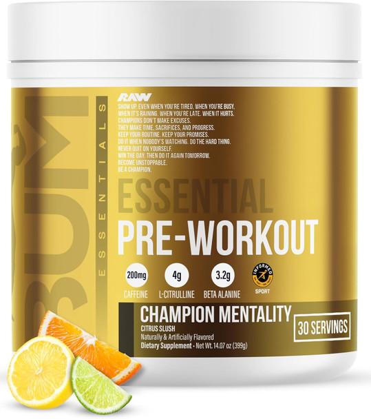 RAW Essential Pre-Workout Powder - Chris Bumstead Sports Nutrition Supplement for Men & Women - Preworkout Energy Powder with Caffeine, L-Citrulline, L-Tyrosine, & Beta Alanine Blend