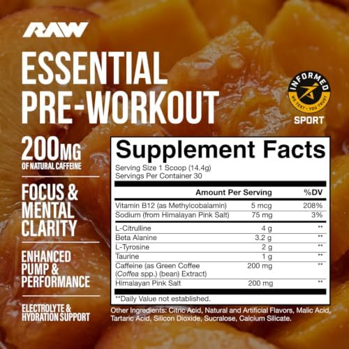 RAW Essential Pre-Workout Powder - Chris Bumstead Sports Nutrition Supplement for Men & Women - Preworkout Energy Powder with Caffeine, L-Citrulline, L-Tyrosine, & Beta Alanine Blend