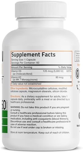 Bronson Vitamin K2 D3 (MK7) Supplement 2-in1 D3 & K2 Complex