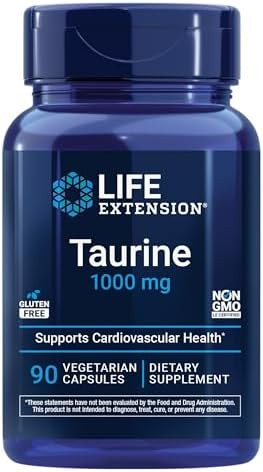 Life Extension Taurine  Pure Taurine Amino Acid Supplement Heart Liver and Brain Health Longevity  Muscle and Exercise, 1000 mg dose, Non-GMO, Gluten-Free