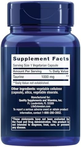 Life Extension Taurine  Pure Taurine Amino Acid Supplement Heart Liver and Brain Health Longevity  Muscle and Exercise, 1000 mg dose, Non-GMO, Gluten-Free