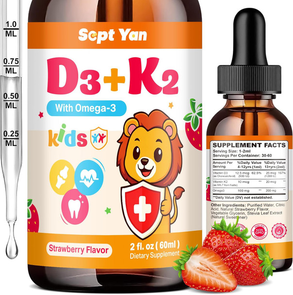 SEPT YAN Kids Vitamin D3 K2 Drops - K2 D3 Vitamin Supplement 1000 IU with Omega 3, Support Bone, Mood, Teeth & Immune - Vitamin D3 K2 (MK-7) Liquid Drops for Adults and Kids  Sugar Free