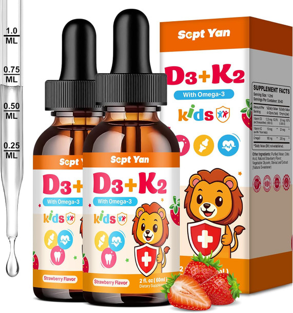 SEPT YAN Kids Vitamin D3 K2 Drops - K2 D3 Vitamin Supplement 1000 IU with Omega 3, Support Bone, Mood, Teeth & Immune - Vitamin D3 K2 (MK-7) Liquid Drops for Adults and Kids  Sugar Free
