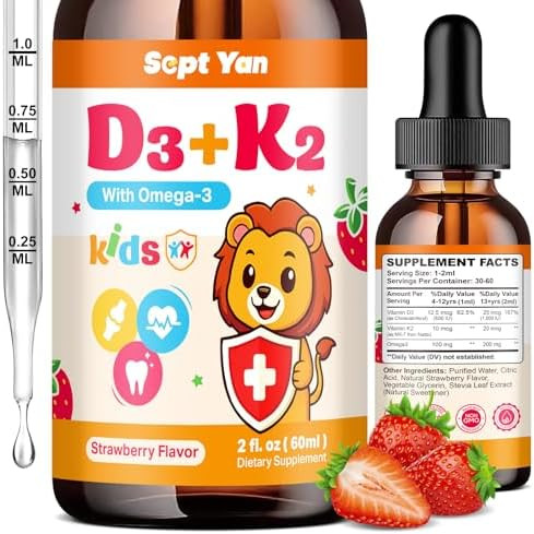 SEPT YAN Kids Vitamin D3 K2 Drops - K2 D3 Vitamin Supplement 1000 IU with Omega 3, Support Bone, Mood, Teeth & Immune - Vitamin D3 K2 (MK-7) Liquid Drops for Adults and Kids  Sugar Free