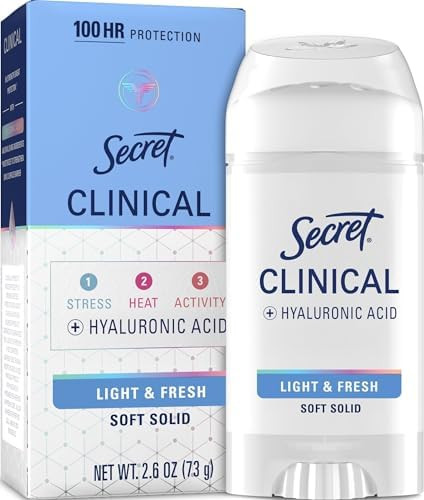 Secret Clinical Strength 100HR Sweat & Odor Soft Solid Antiperspirant Deodorant for Women 3X Stress Protection with Hyaluronic Acid PH Balancing Minerals Light & Fresh Scent