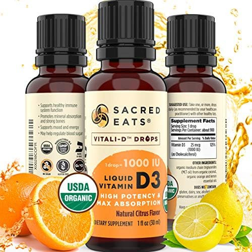 Sacred Eats Organic Liquid Vitamin D Drops for Kids and  Adults  Sugar Free. Easy to Use 1,000 IU/Drop in Coconut MCT Oil. Lasts Months, Best for High Doses. Max Absorption VIT D3 Supplement.