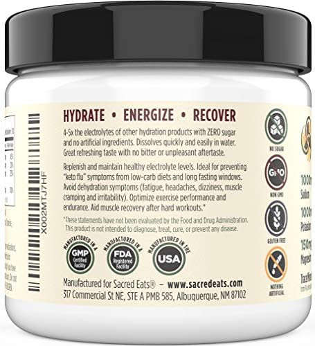 Sacred Eats Keto Electrolyte Powder and  Hydration Supplement | 1000mg Potassium and  Sodium, 150mg Magnesium  No Sugar and  Stevia  Sweetened with Monk Fruit Only Natural