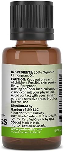 Garden of Life Essential Oil, USDA Organic and  Pure Clean, Undiluted and Non-GMO, for Diffuser  Aromatherapy, Meditation, Cleansing, Relaxing, Calming, Lemongrass