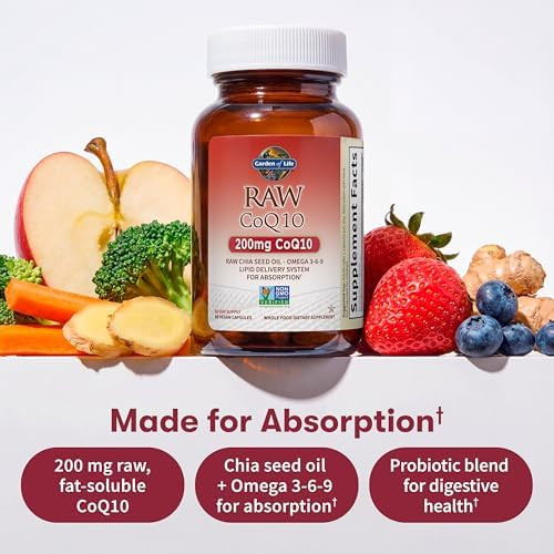 Garden of Life CoQ10 200mg, Vegetarian Omega 3 6 9 Supplement Raw Co Q 10 Chia Seed Oil,Whole Food Nutrition with Antioxidant Support, Coenzyme q10 Supplement for Heart Health, 60 Capsules (Pack of 6)