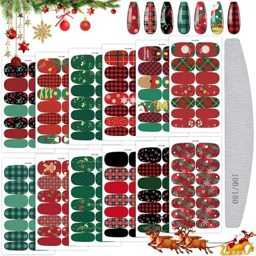Kalolary 12 Sheets Christmas Nail Polish Strips Stickers, Self-Adhesive Christmas Full Nail Wrap Stickers Withnail File, Snowflake Gingerbread Man Christmas Tree Nail Polish Sticker