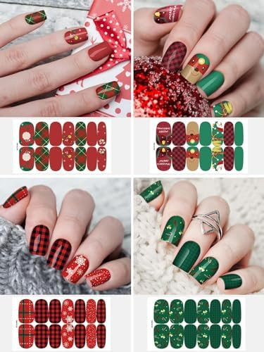 Kalolary 12 Sheets Christmas Nail Polish Strips Stickers, Self-Adhesive Christmas Full Nail Wrap Stickers Withnail File, Snowflake Gingerbread Man Christmas Tree Nail Polish Sticker