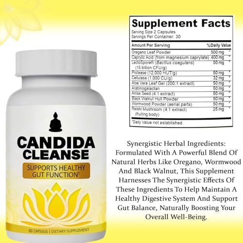 Neonomicon Candida Cleanse - Gut & Colon Support Advanced Probiotic & Herbal Formula Natural Herbal Formula Oregano Leaf Wormwood Black Walnut Caprylic Acid-1 for Men & Women 60 Capsules