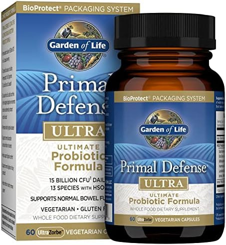 Garden of Life Probiotics for Digestive Health and Gut Health Balance, Primal Defense Ultra Ultimate Formula, 15 Billion CFU and 13 Strains Plus HSOs, Vegetarian and Gluten Free