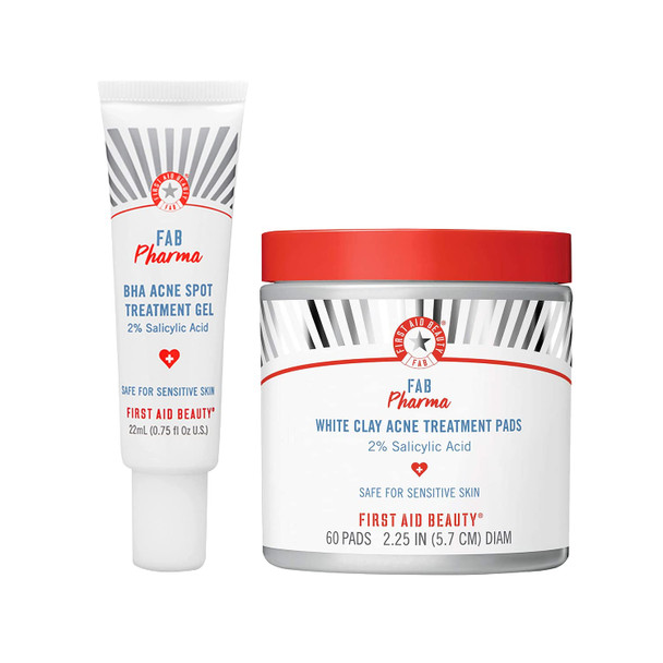 First Aid Beauty Acne Bundle: FAB Pharma BHA Acne Spot Treatment Gel with 2% Salicylic Acid  0.75 oz  and White Clay Acne Treatment Pads with 2% Salicylic Acid  60 Pads