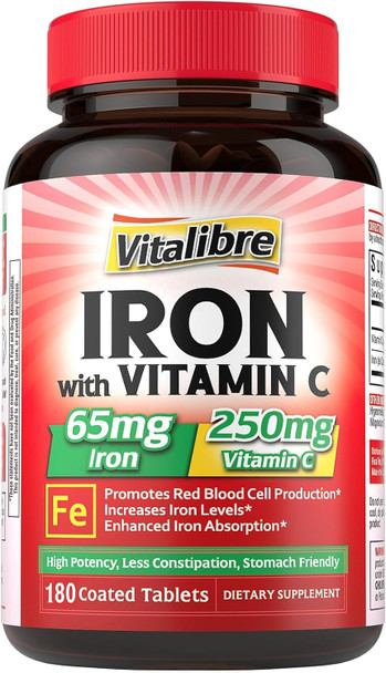 Vitalibre Iron Supplement, 65mg Carbonyl Iron with 250mg Vitamin C, Stomach Friendly