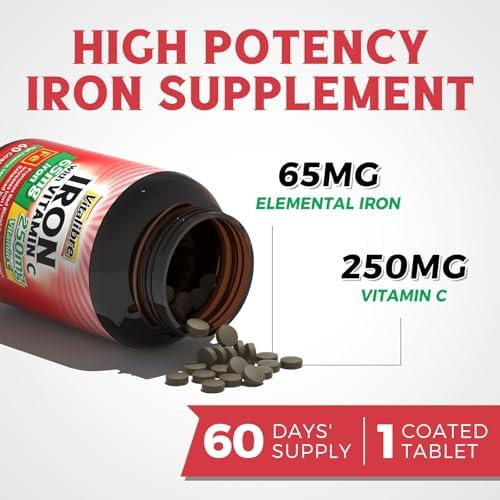 Vitalibre Iron Supplement, 65mg Carbonyl Iron with 250mg Vitamin C, Stomach Friendly